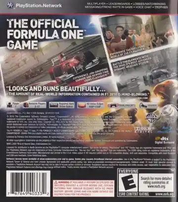 F1 2010 (USA) (En,Fr,De,Es,It) (v1.01) (Disc) (Update) box cover back